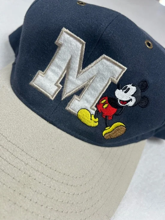 Vintage 90s Disney Mickey Mouse Big M Navy Cap Beige Brim One Size Unisex - Picture 7 of 7